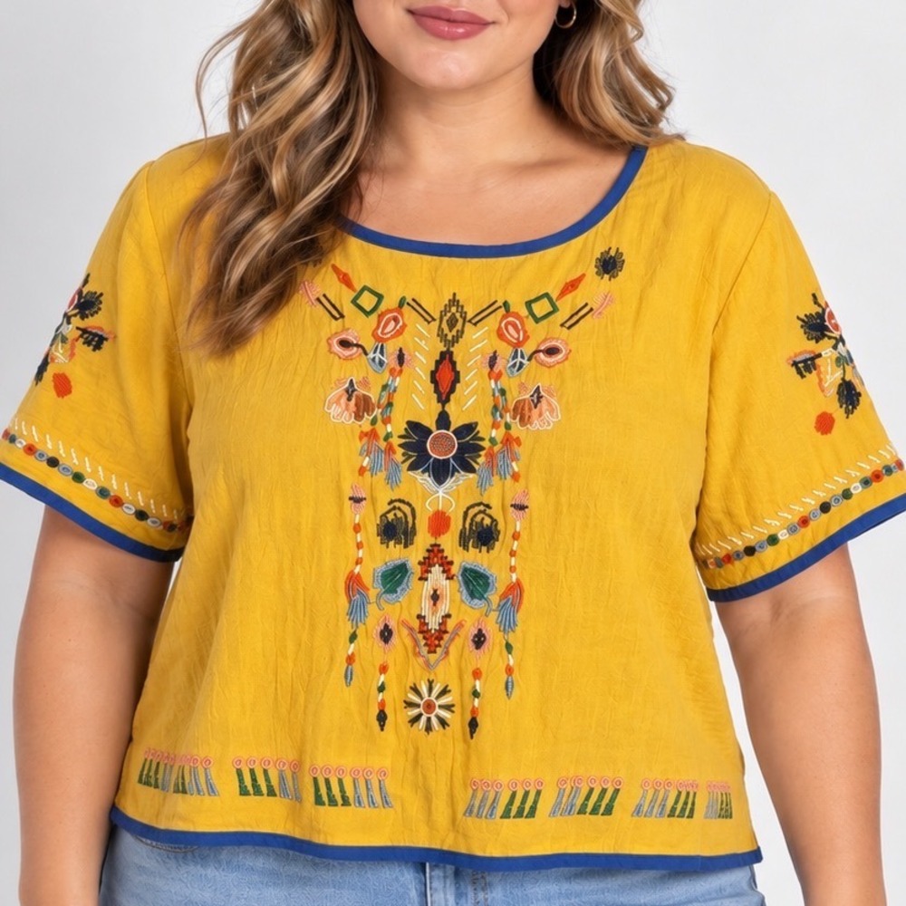 Embroidered Boho Tunic Top Medium Mustard Yellow High Low Hem Folk Art Blouse